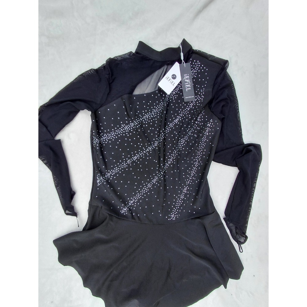 iEFiEL Black Rhinestone Figure Skating Dress Sheer Mesh Long Sleeve Dance NWT